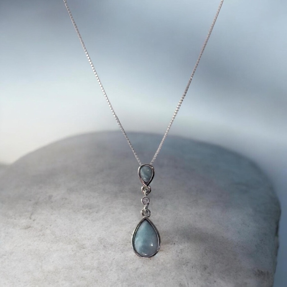 925 Sterling Silver Natural Larimar CZ Necklace! NEW!